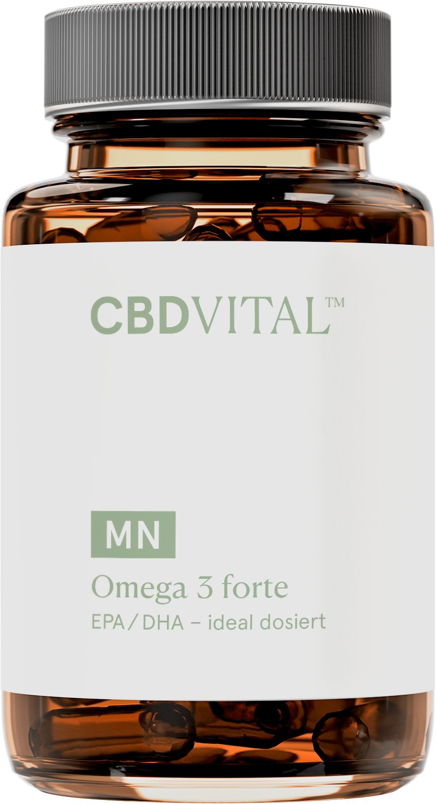 Braune Kapseln in einer braunen Glasflasche. Weißes Etikett mit CBD VITAL, MN Omega 3 forte.