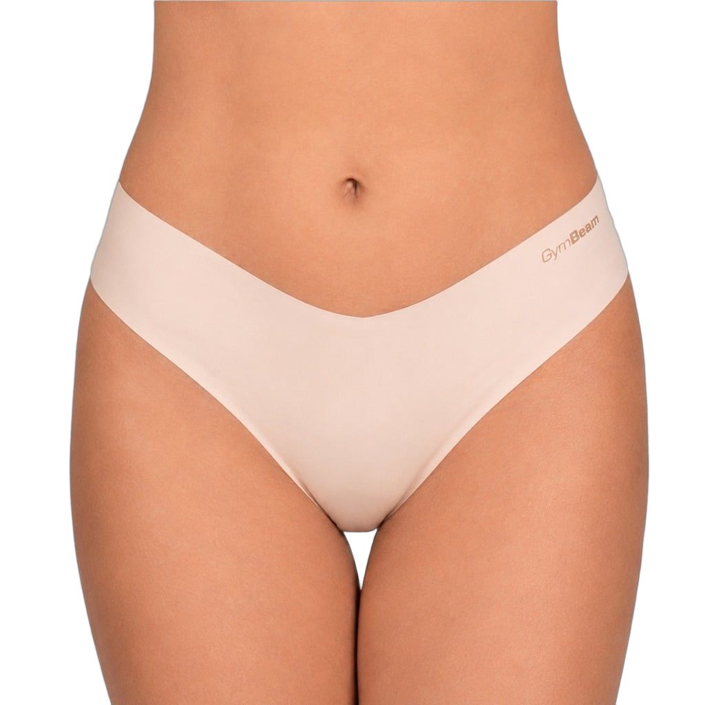 Nahtlose, beige Tanga-Slips mit dezentem Logo-Aufdruck.