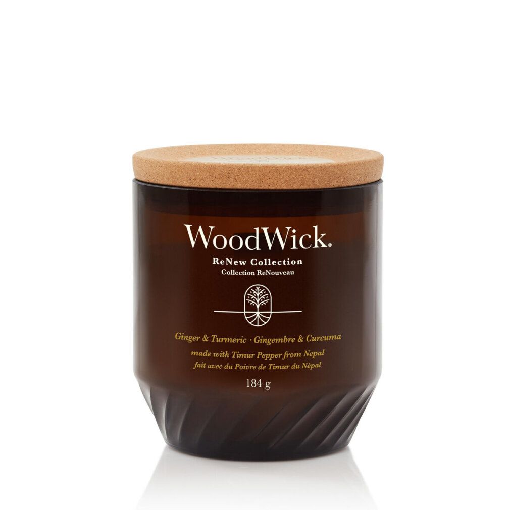 Braune Kerze mit Korkdeckel. Aufschrift: WoodWick ReNew Collection. Text: Ginger & Turmeric. Gewicht: 184 g.