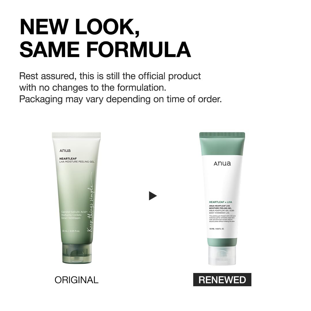 Zwei Tuben ANUA Heartleaf LHA Moisture Peeling Gel. Links: Original. Rechts: Erneuert. Text: New Look, Same Formula.