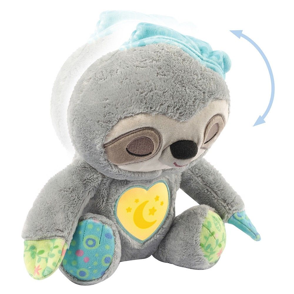Graues Faultier-Plüschtier mit Schlafaugen und Mütze. Gelbes Herz mit Mond-Stern-Motiv. Blaue und grüne Akzente an Füßen.