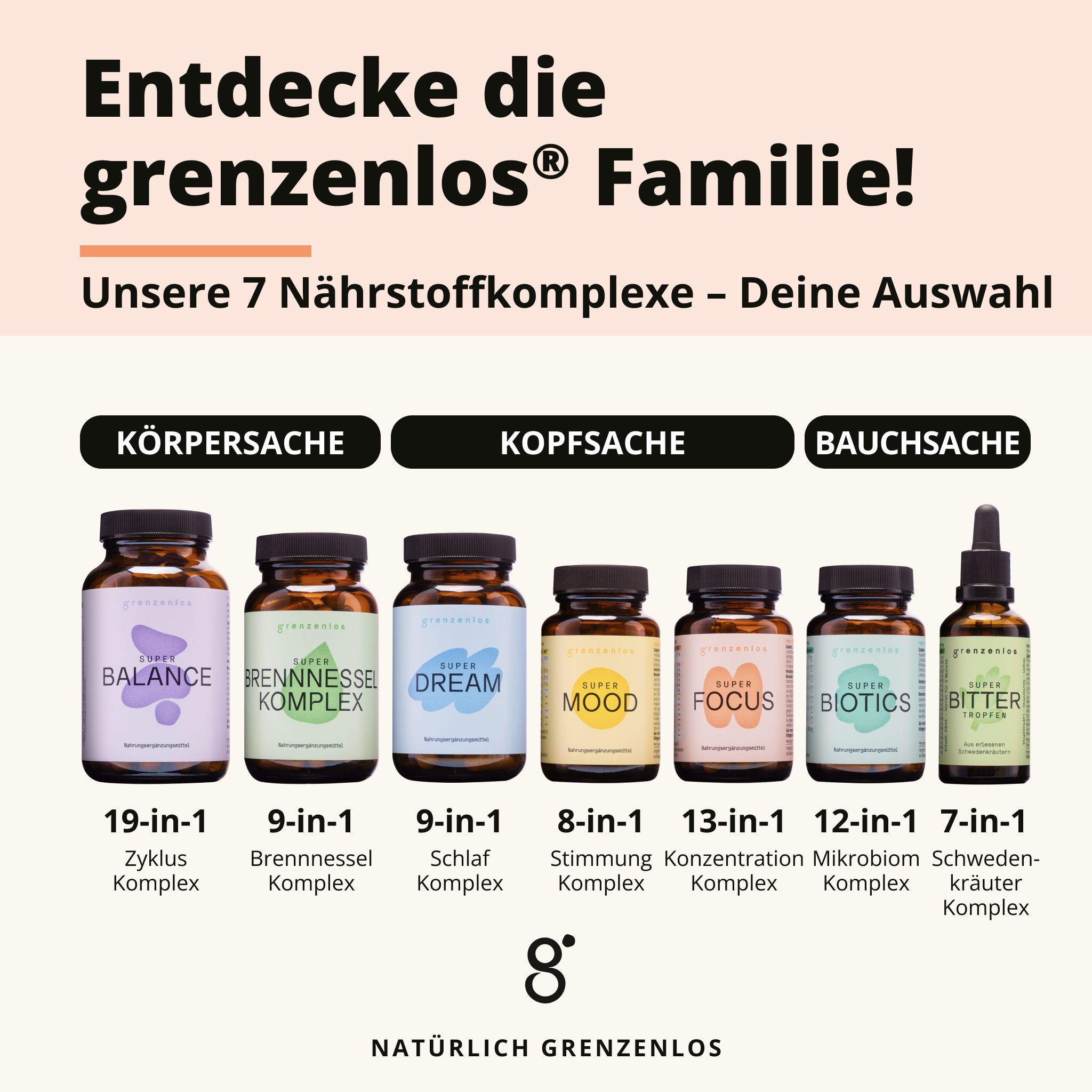 Sieben verschiedene Flaschen von 'grenzenlos' Nahrungsergänzungsmitteln, darunter 'SUPER FOCUS'.