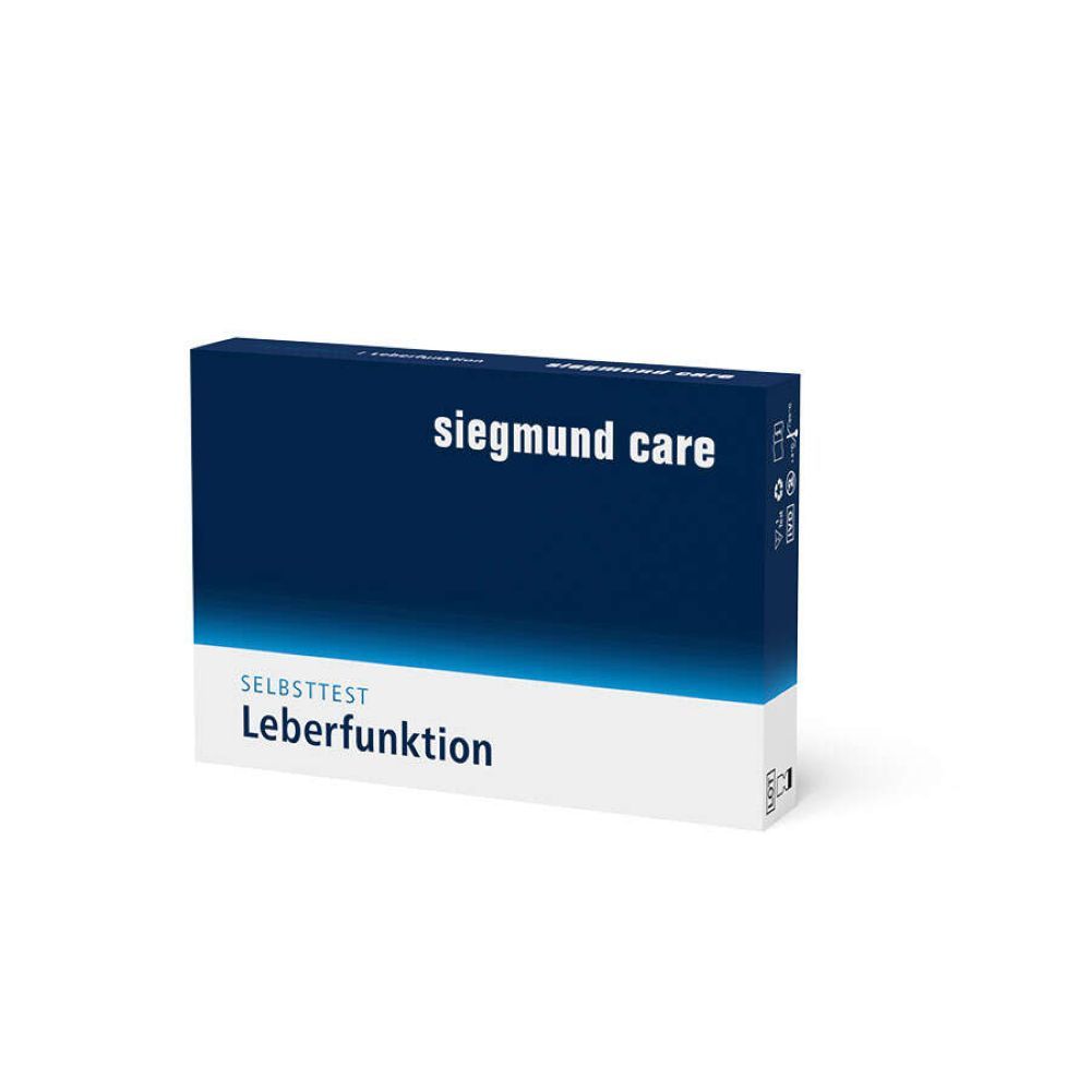 Kartonverpackung mit blauem Design. Aufschrift: siegmund care, Selbsttest Leberfunktion.