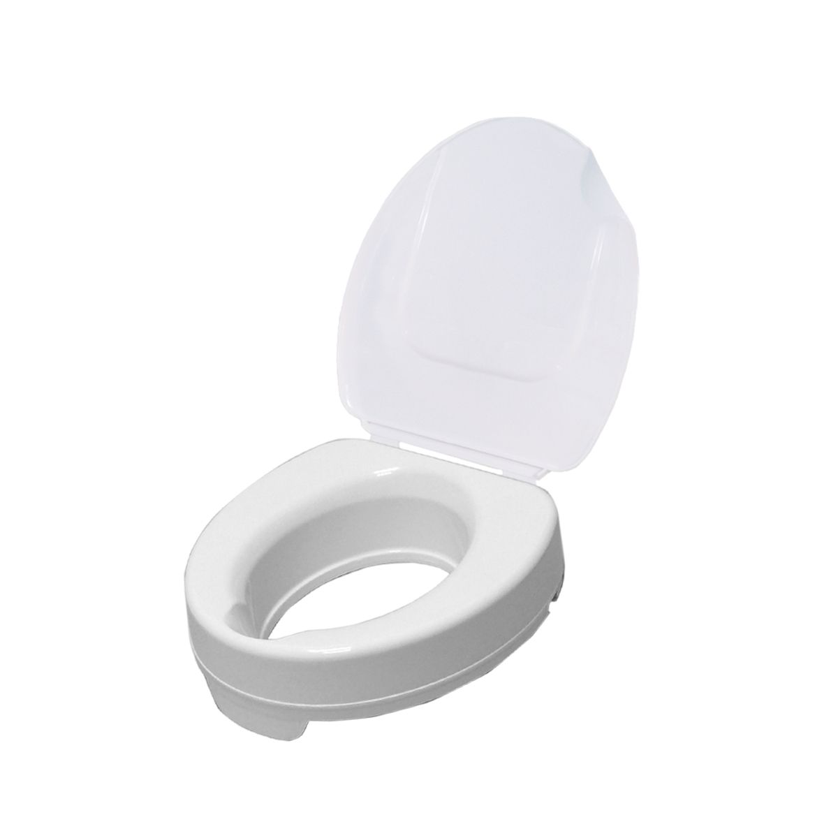 Toilettensitzerhöhung mit Deckel. Weißes Kunststoffprodukt mit ergonomischer Formgebung. Deckel geöffnet.