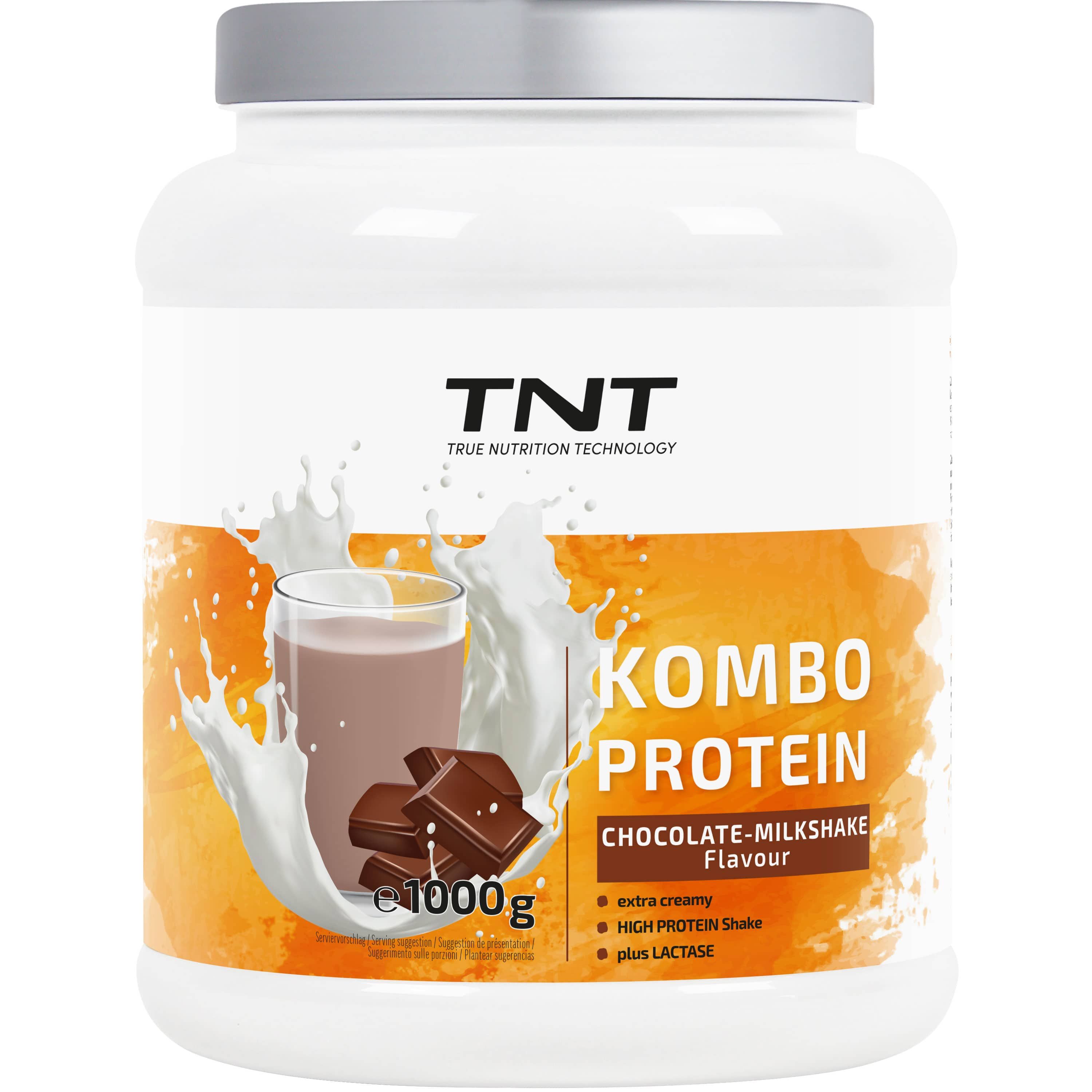 Weißes TNT Kombo Protein-Behälter mit Schokoladen-Milchshake-Geschmack. 1000g. Mit Milchshake-Illustration und Schokoladenstücken.
