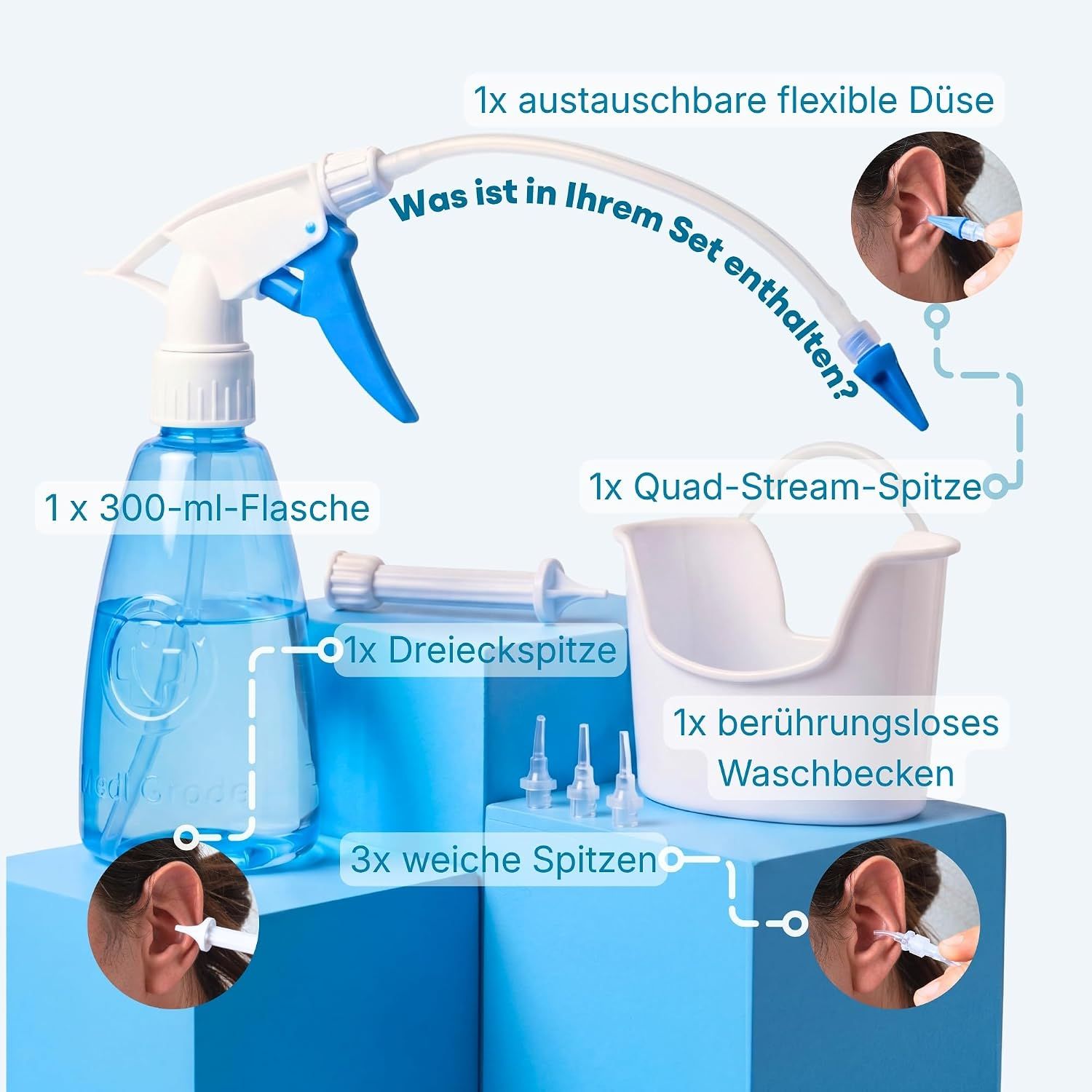 Set zur Ohrreinigung mit 300-ml-Flasche, flexibler Düse, Quad-Stream-Spitze, Dreiecksspitze und Waschbecken.
