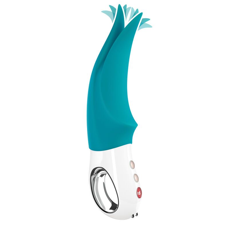 Türkiser Vibrator mit weißem Griff und drei Knöpfen.