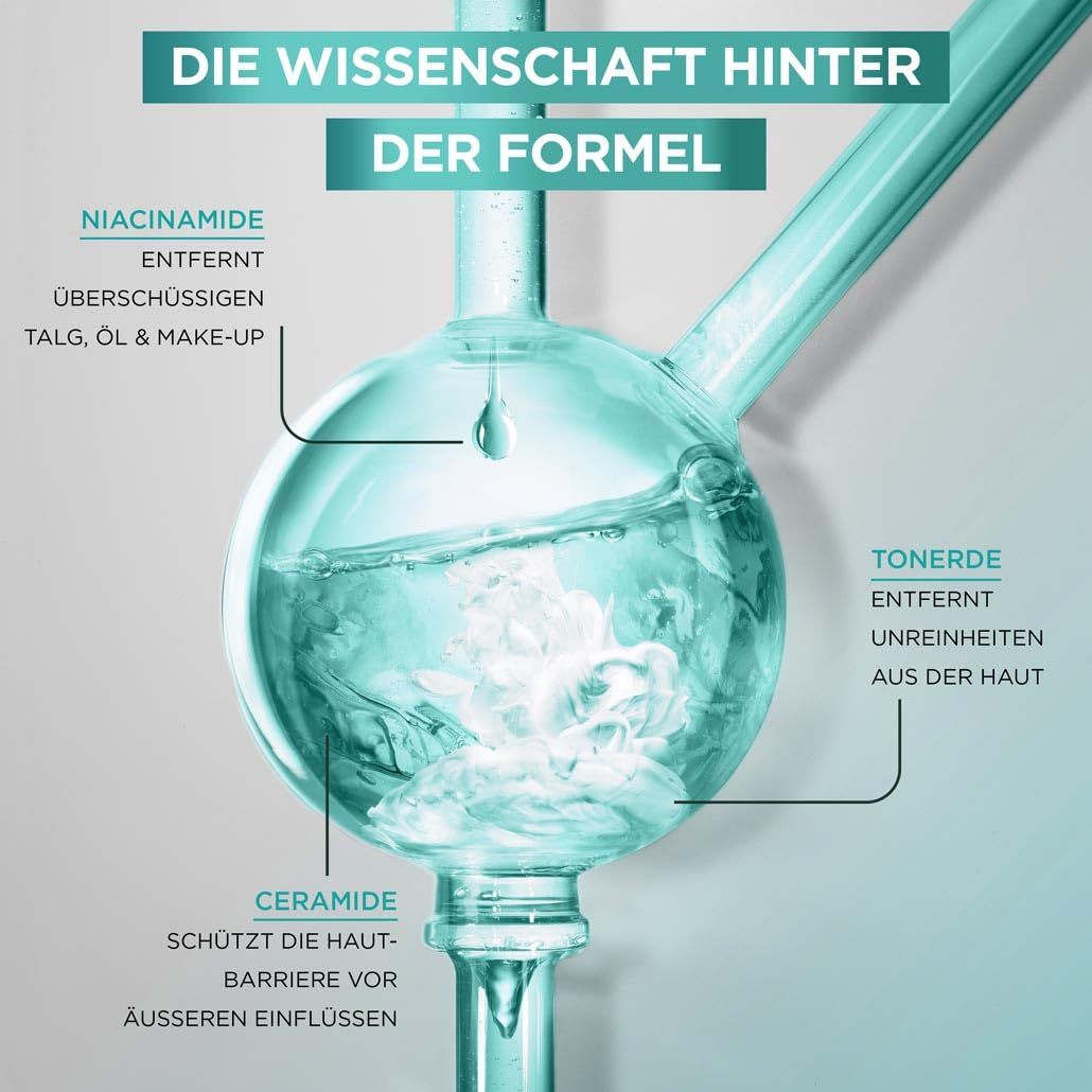 Abbildung einer Formel. Text: Niacinamid, Tonerde, Ceramide. Darstellung der Inhaltsstoffe.