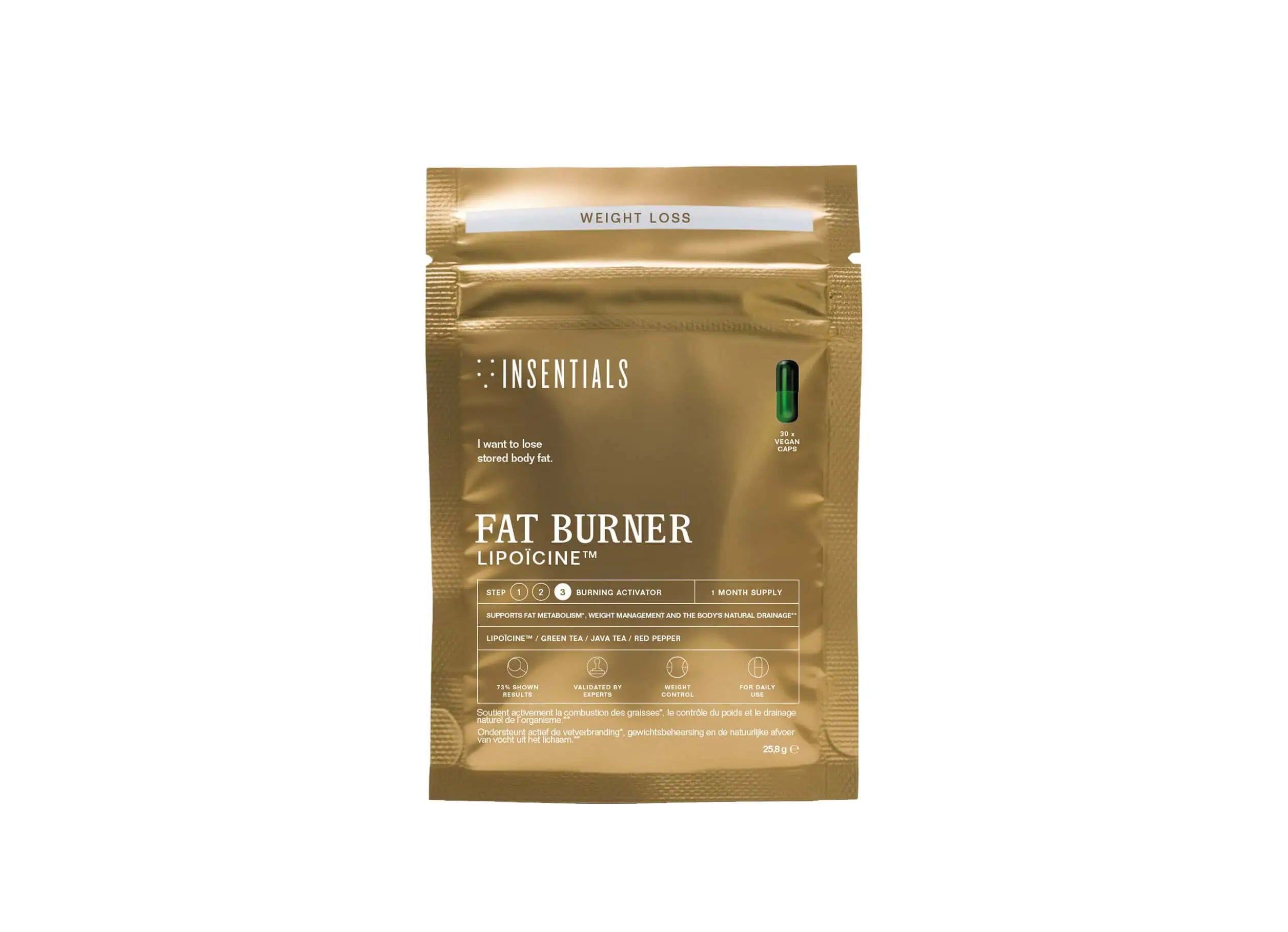 Goldene Verpackung mit Insentials Logo, 'Fat Burner Lipoicin' Aufschrift und Kapselsymbol.