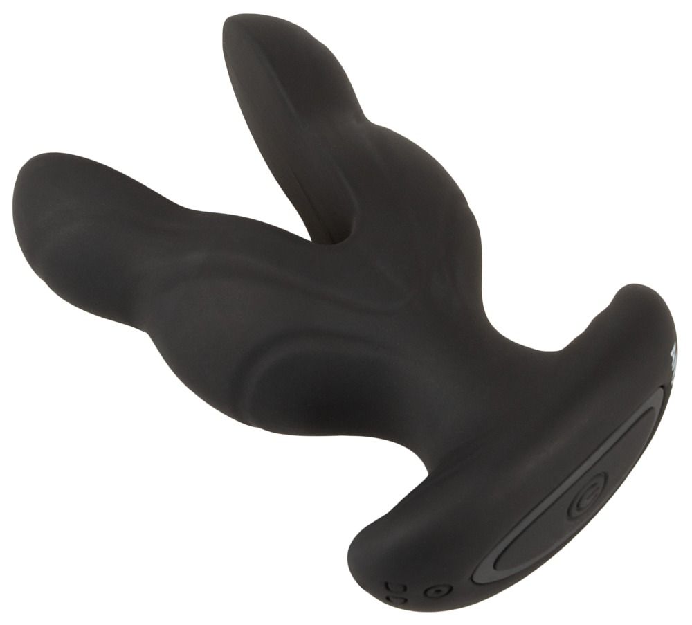 Schwarzer Analspreizer. V-förmige Form mit breiter Basis. Glatte Oberfläche. Ansicht von schräg oben.