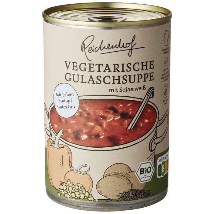 Konservendose mit Etikett. Aufschrift: Vegetarische Gulaschsuppe mit Sojaeiweiß. Bio-Siegel.