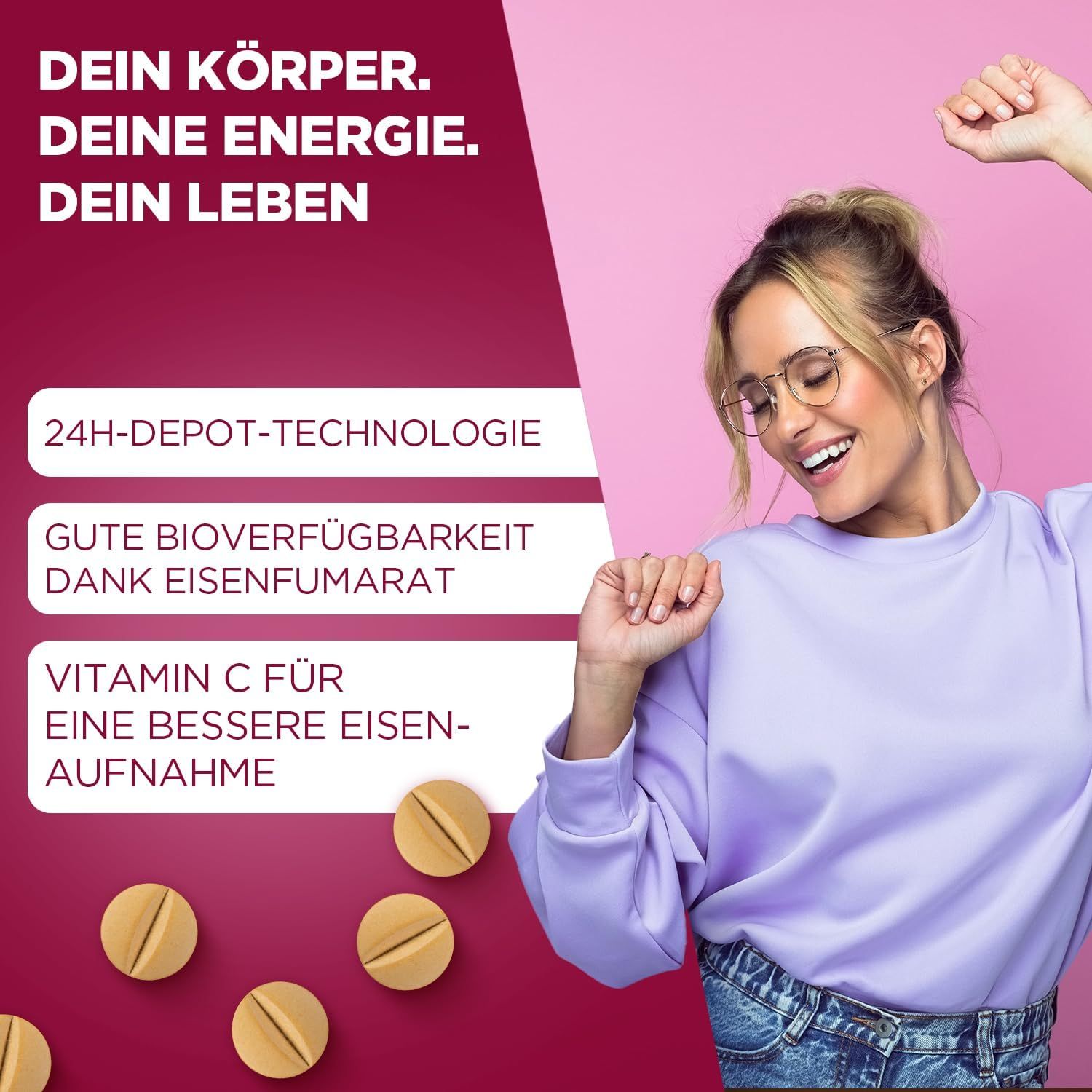 Werbung mit Frau und gelben Tabletten. Text: 24H-Depot-Technologie, gute Bioverfügbarkeit, Vitamin C für bessere Eisenaufnahme.