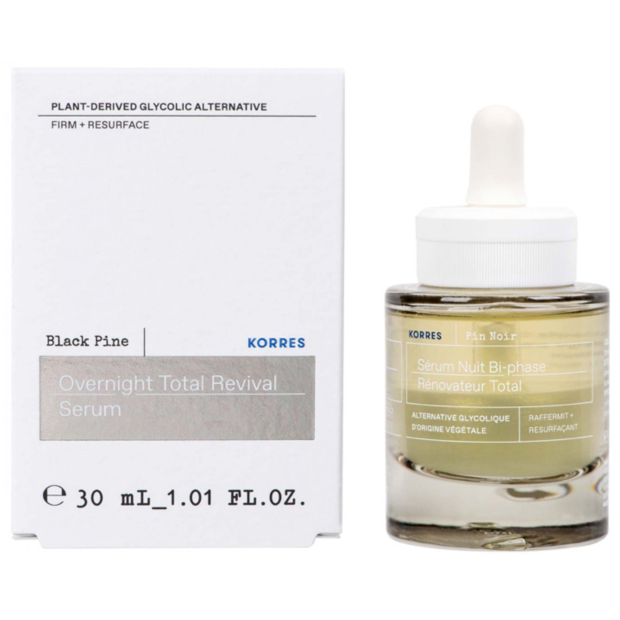 KORRES Black Pine Serum: Glasflasche mit Pipette, Kartonverpackung. 30 ml.