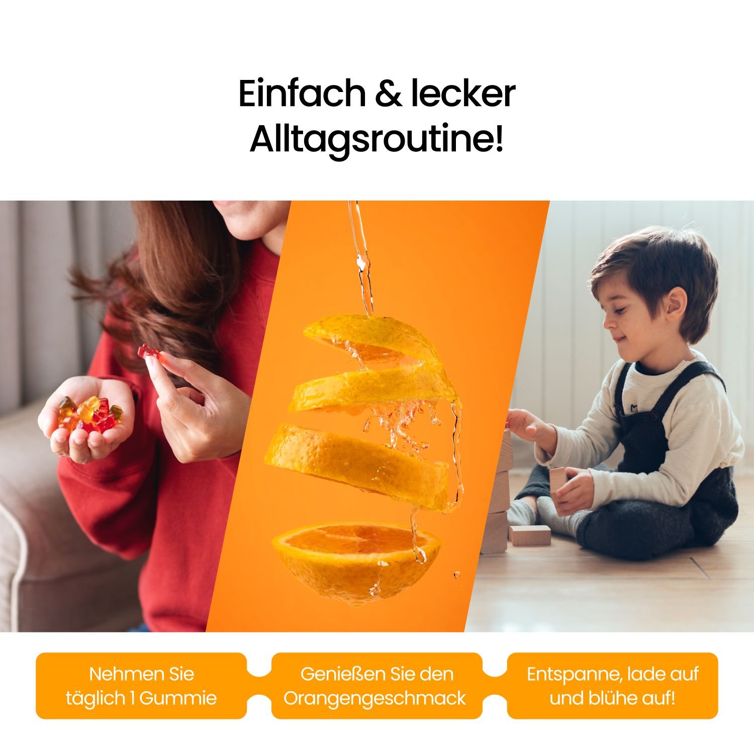 Kinder nehmen Gummibärchen, Orangenscheiben werden geschnitten, Kind spielt mit Bauklötzen.