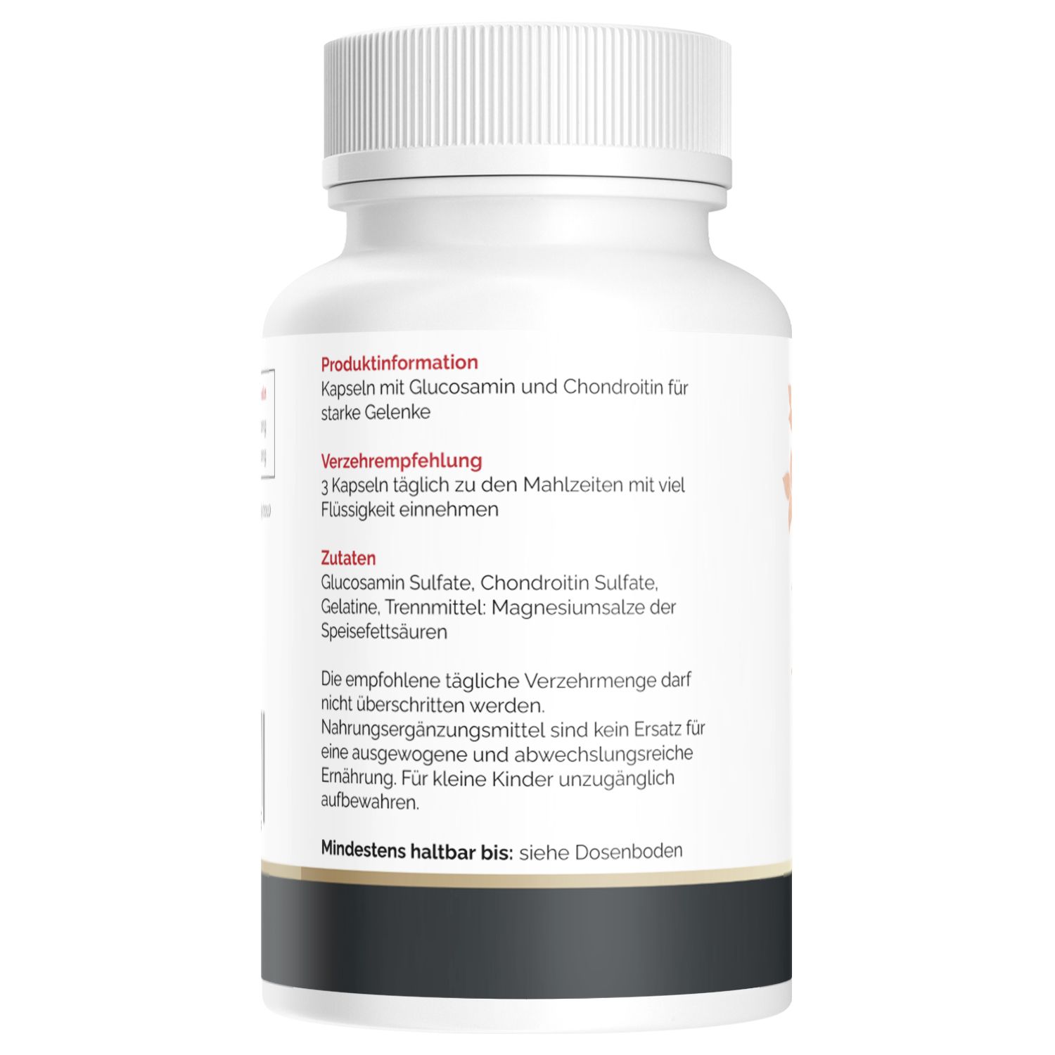 Rückseite der Flasche mit Kapseln. Produktinformationen, Verzehrempfehlung, Zutaten. Mindestens haltbar bis: siehe Dosenboden.