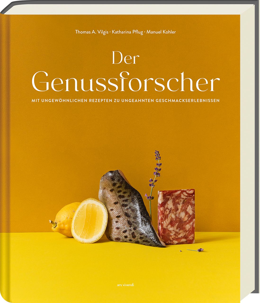 Buch mit Titel "Der Genussforscher". Auf gelbem Hintergrund, mit Zitrone, Fisch, Wurst und Lavendel.