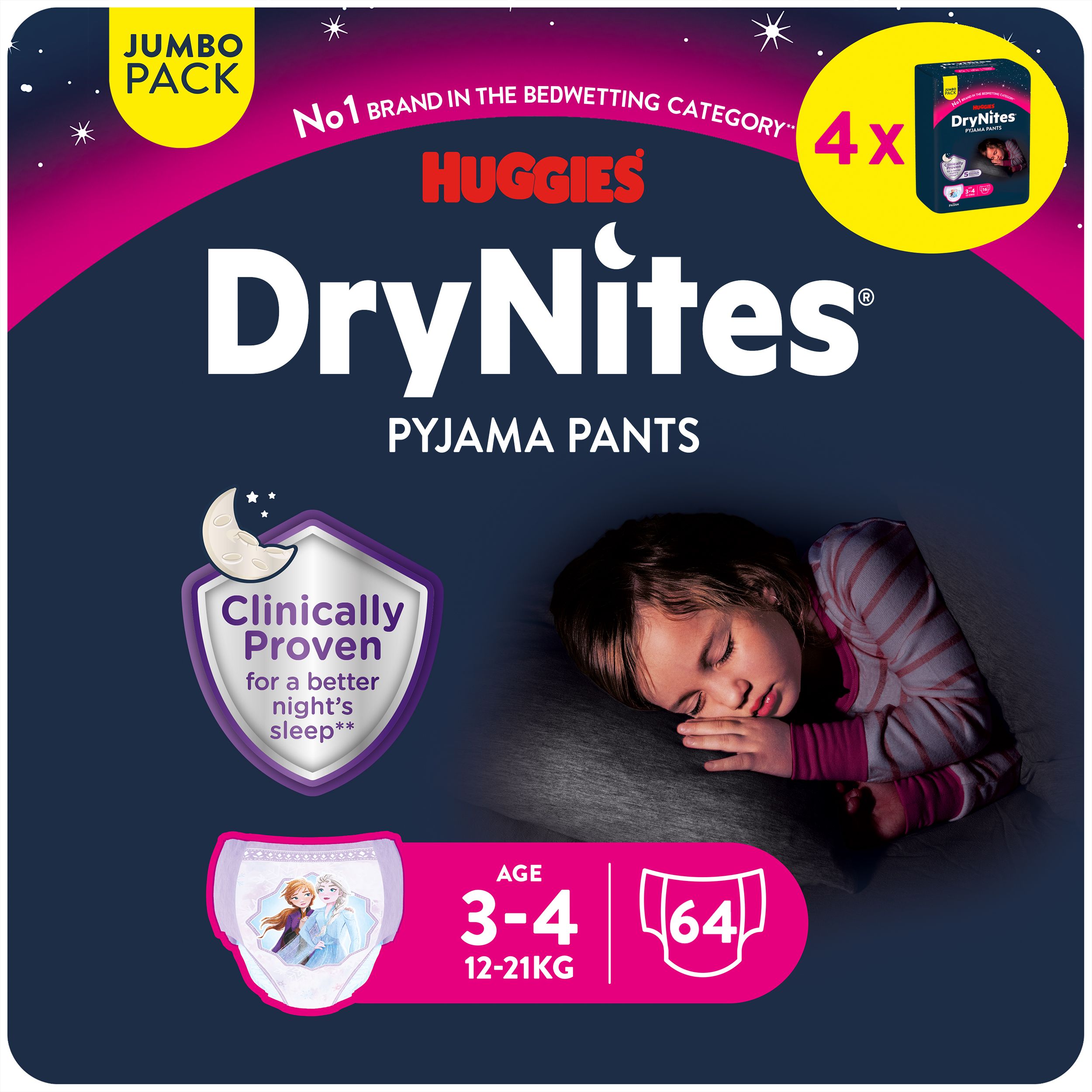 Huggies DryNites Windelhosen, Mädchen, 3-4 J. Packung. Enthält 64 Stück. Aufdruck mit Eisköniginnen-Motiv. Alter 3-4 Jahre, 12-21 kg.