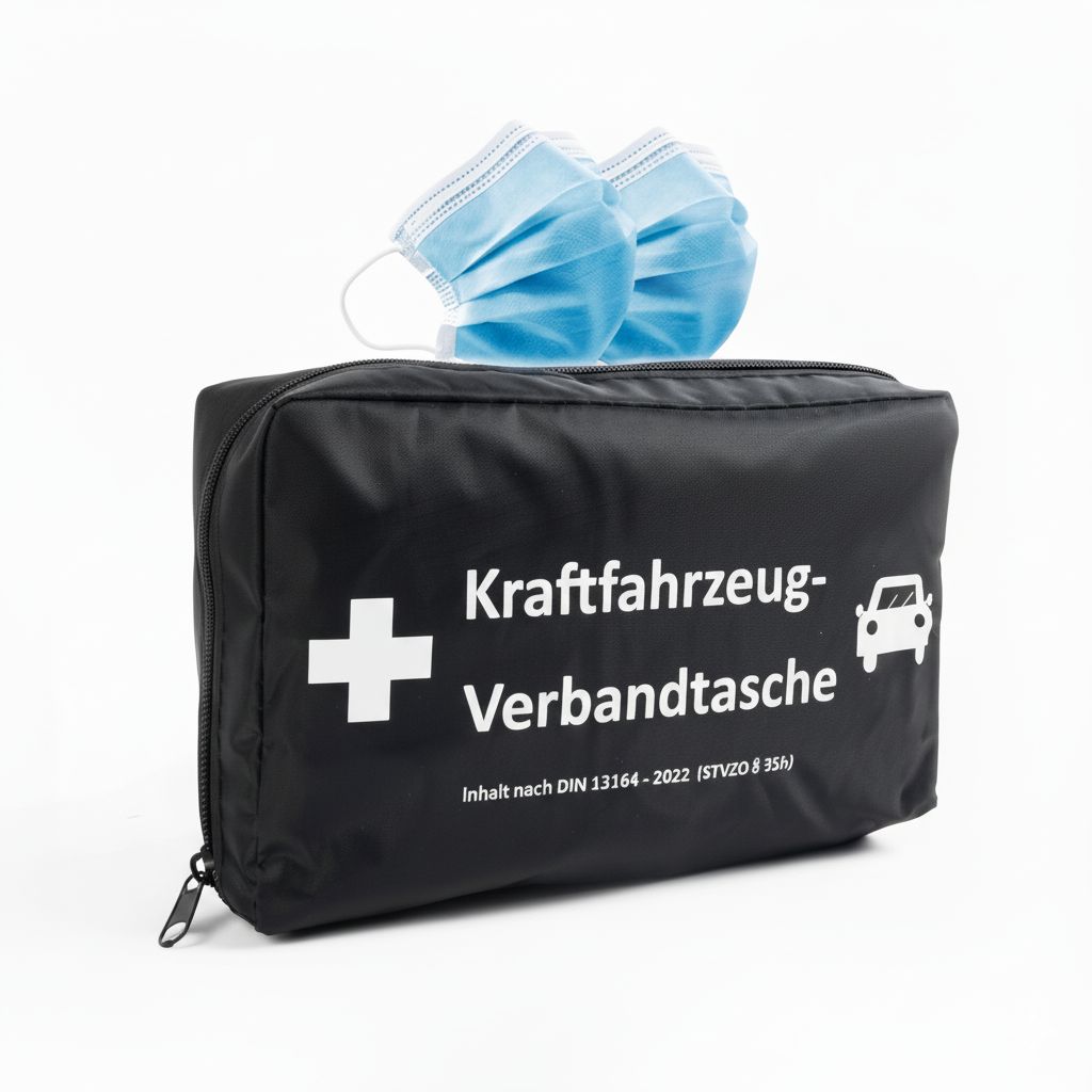 Schwarze KFZ-Verbandtasche mit weißem Kreuz und Aufschrift. Zwei blaue Masken liegen obenauf.