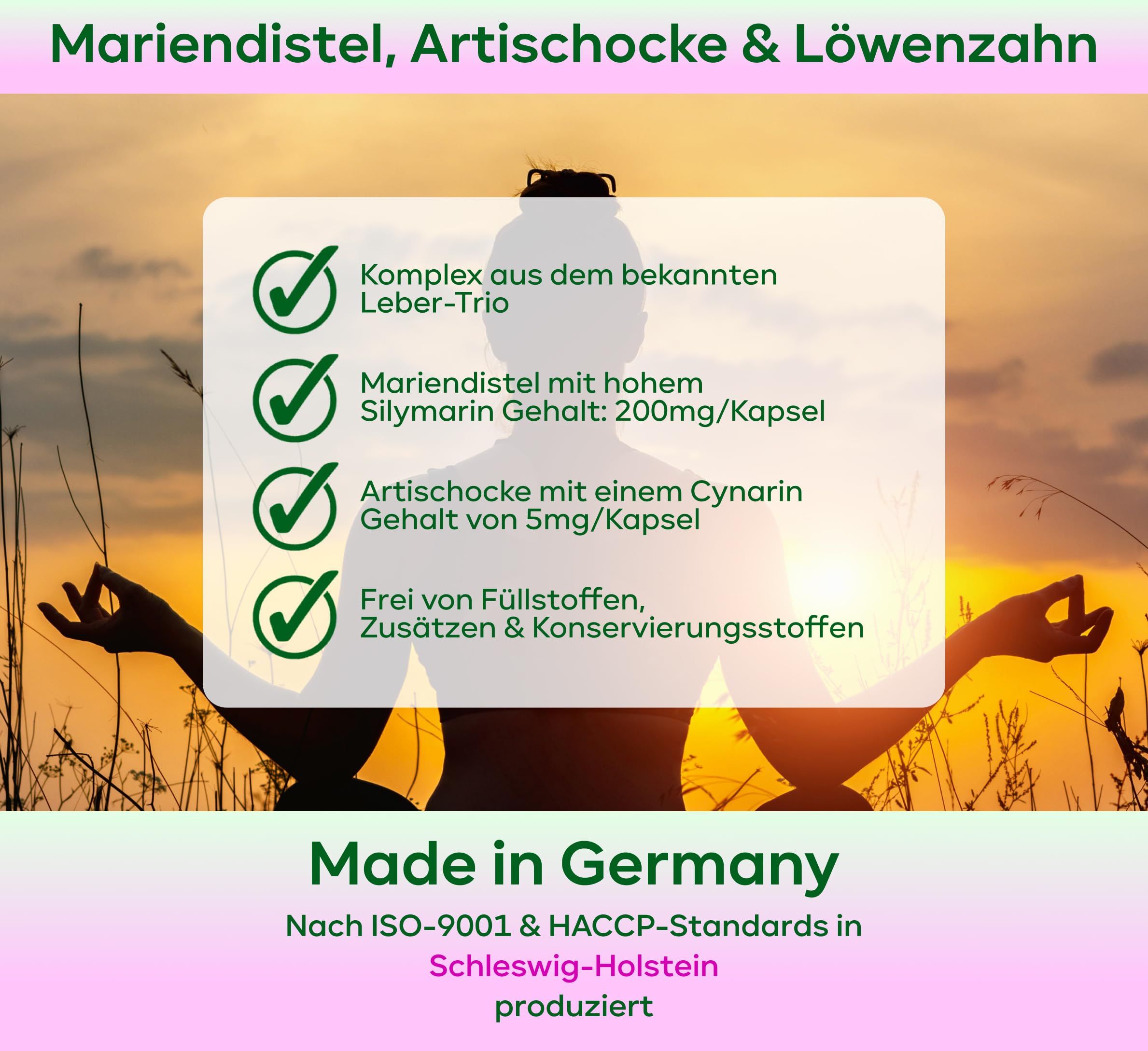Grafik mit grünen Häkchen und Text: Mariendistel, Artischocke & Löwenzahn. Made in Germany. ISO-9001 & HACCP-Standards.