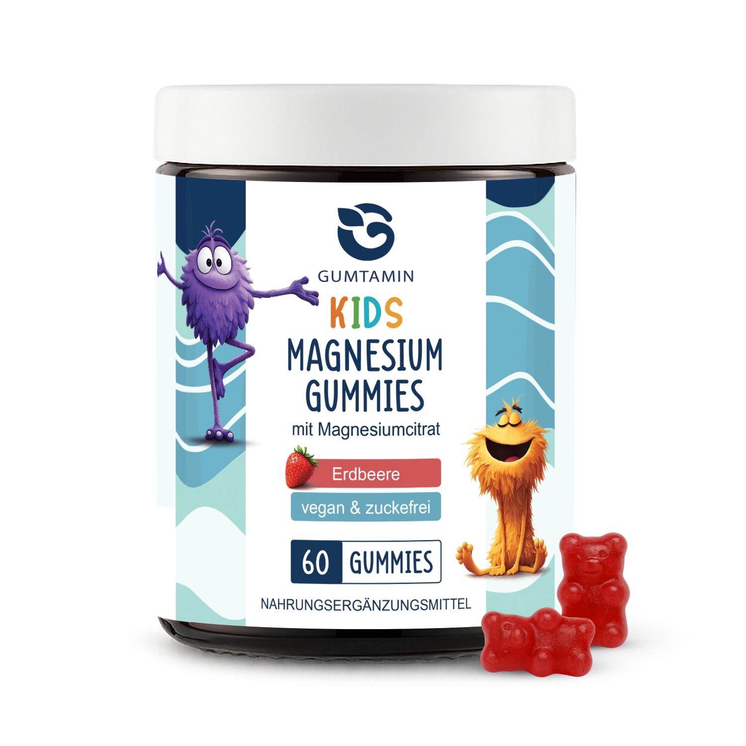 Dose Magnesium Gummibärchen, Erdbeergeschmack, 60 Stück. Mit Illustrationen von Figuren. Vegan und zuckerfrei.
