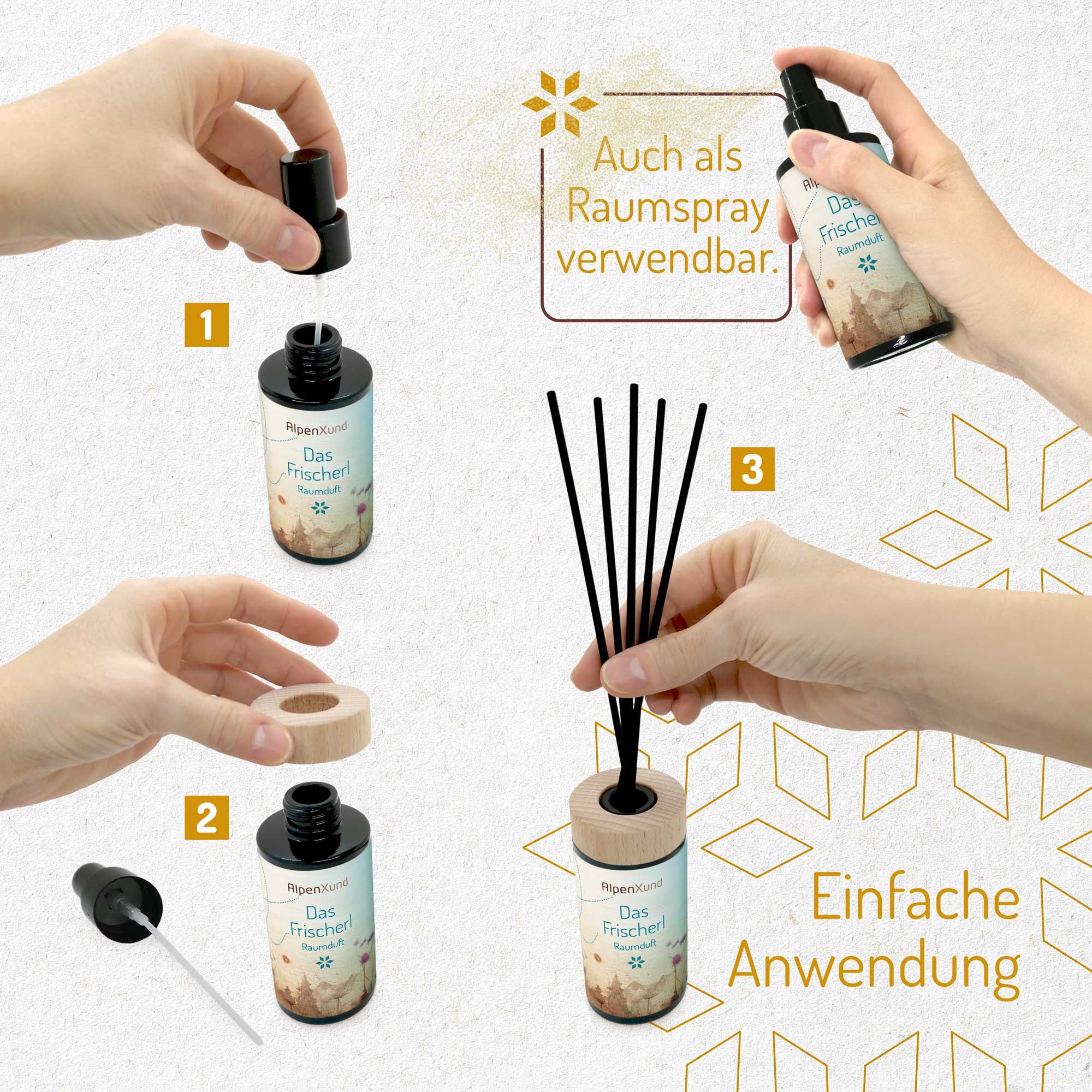 Produkt-Demonstration: Flasche mit schwarzem Deckel, Holzring, Stäbchen. Auch als Raumspray verwendbar.