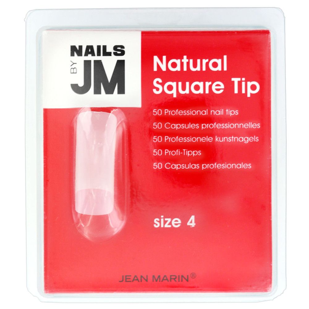 Quadratische Nagelkapseln in Verpackung. Marke JM, Größe 4. Rote Verpackung mit Produktinformationen und transparentem Sichtfenster.