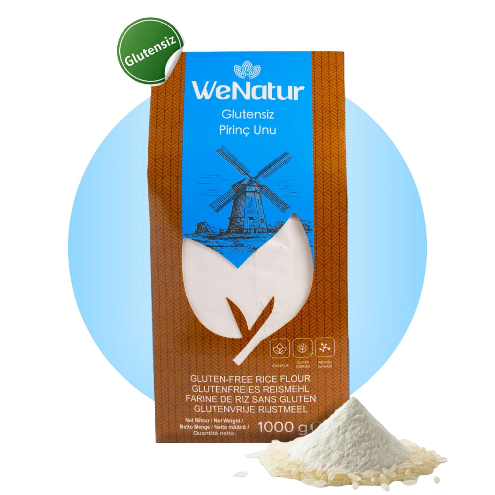 WeNatur glutenfreies Reismehl mit einem "Glutenfrei"-Siegel und einem Haufen Reismehl.