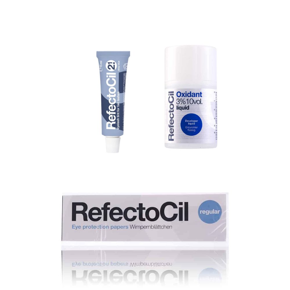 Refectocil Wimpernfarbe tiefblau 2.1 & Oxidant flüssig 3% & Wimpernblättchen Set