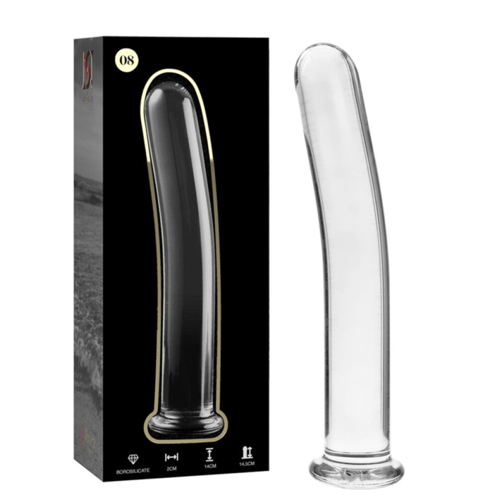 Borosilikatglas-Dildo, Modell 8, neben der schwarzen Verpackung.