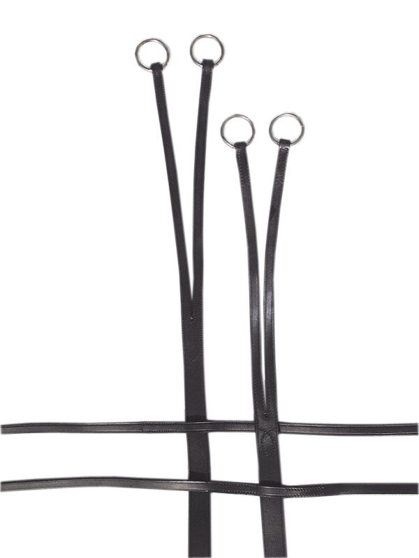 Schwarzes Leder-Martingal mit Metallringen. Zwei vertikale Riemen mit Ringen, zwei horizontale Riemen.