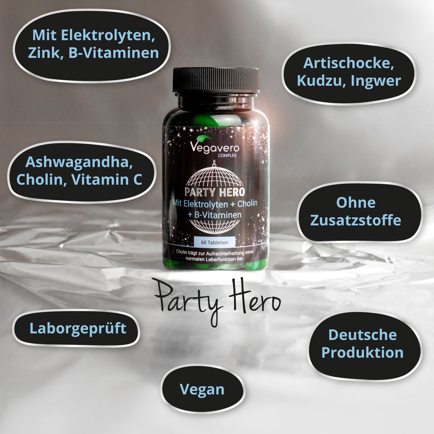 Grüne Flasche mit schwarzem Deckel. Aufschrift: Vegavaro COMPLEX, PARTY HERO, Mit Elektrolyten + Cholin + B-Vitaminen. 60 Tabletten. Zusätzliche Informationen.