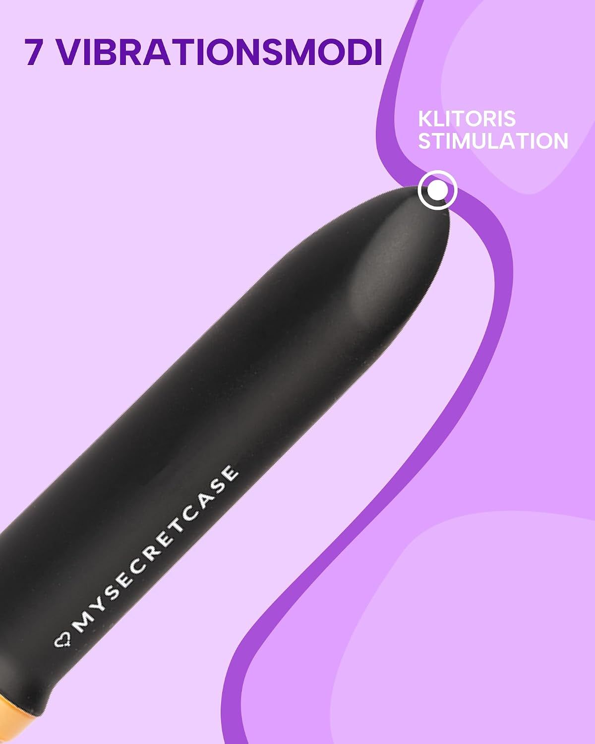Spitze eines schwarzen Vibrators mit der Aufschrift "MYSECRETCASE", für Klitorisstimulation.