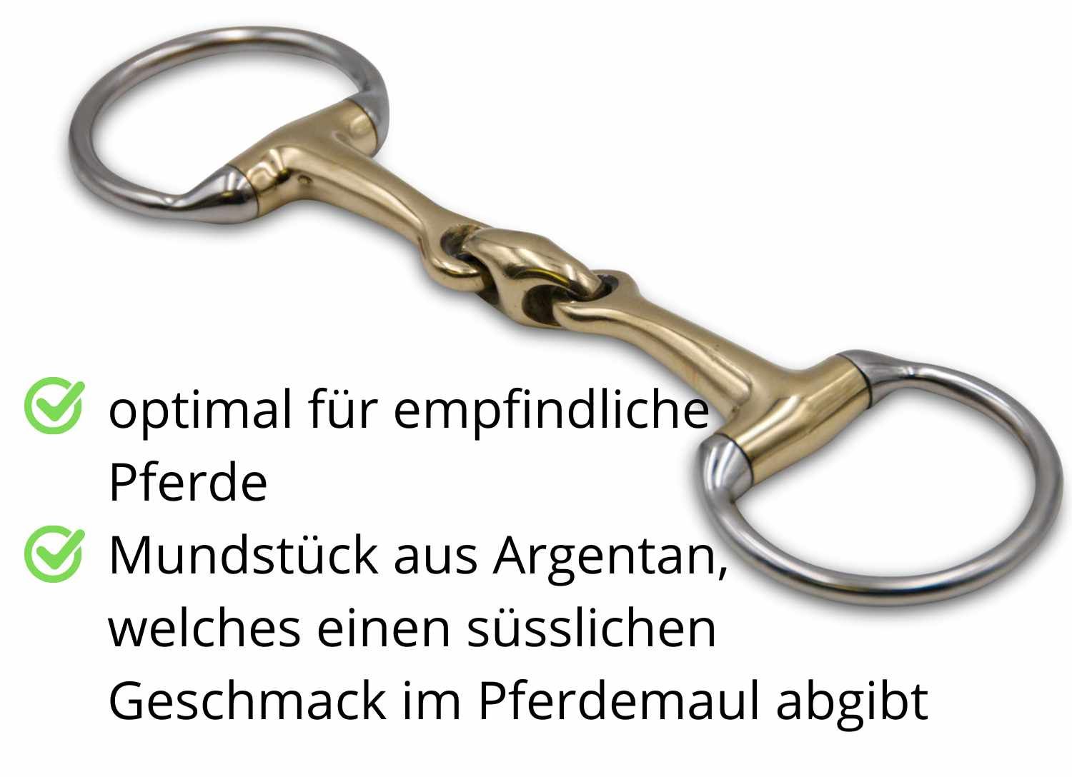 Olivenkopfgebiss mit Mundstück aus Argentan. Text: optimal für empfindliche Pferde, Mundstück aus Argentan, welches einen süßlichen Geschmack abgibt.