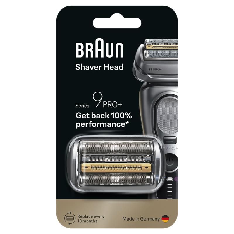 Verpackung mit Scherkopf. Braun-Logo, Series 9 PRO+, und Produktname. Blisterverpackung mit Aufhänger.