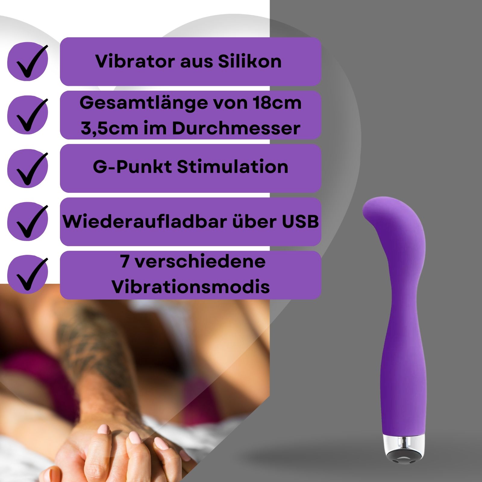 Lila Vibrator. Silikon, gebogen Form. Text: Vibrator aus Silikon, 18cm lang, G-Punkt.