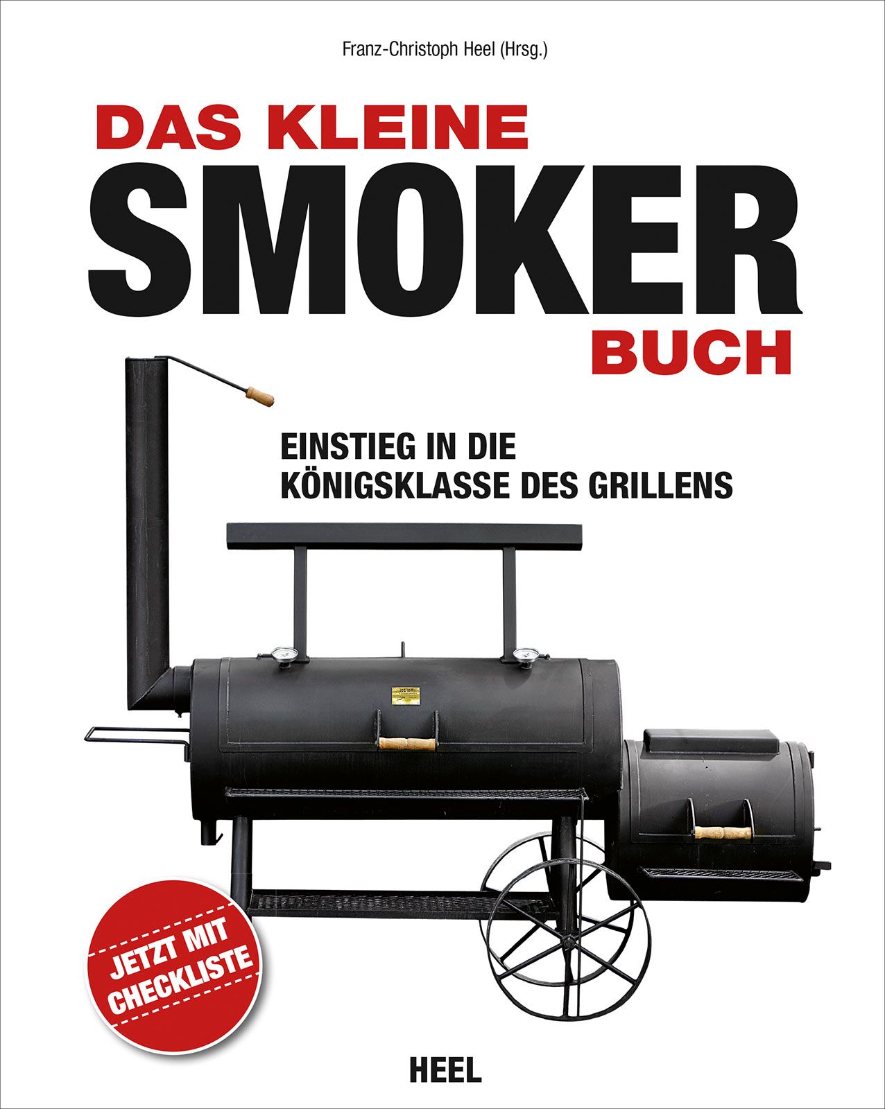 Buchcover: "Das kleine Smoker-Buch". Schwarzer Smoker vor weißem Hintergrund. Roter Aufkleber "Jetzt mit Checkliste".