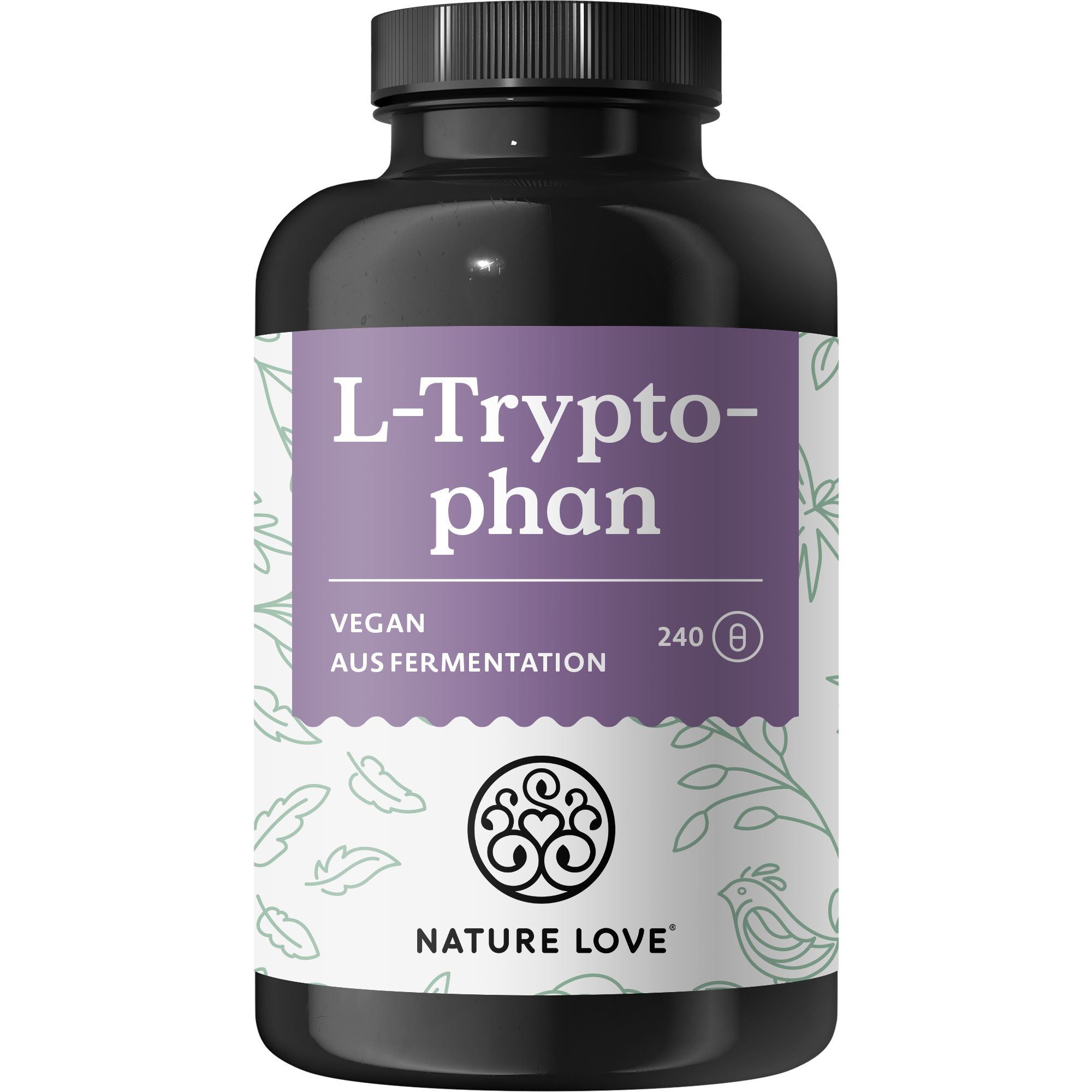 Dunkle Flasche mit lila Etikett. Aufschrift: L-Tryptophan, Vegan, Aus Fermentation. Logo: NATURE LOVE®. 240 Kapseln.