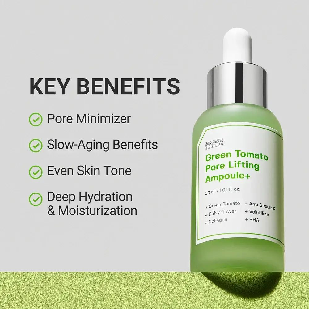 Grünes Serumfläschchen mit Text: Green Tomato Pore Lifting Ampoule+. Vorteile: Poren minimieren, Anti-Aging.