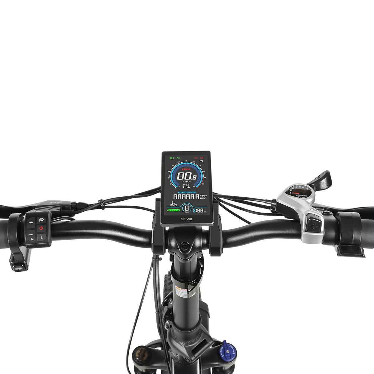 Nahaufnahme des Lenkers eines Elektrofahrrads. Digitales Display mit Geschwindigkeitsanzeige. Bedienelemente und Schalter sind ebenfalls sichtbar.