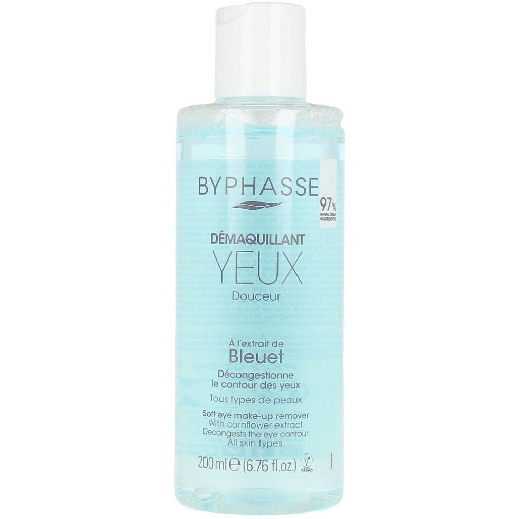 Durchsichtige Flasche mit weißem Deckel. Aufschrift: BYPHASSE, DÉMAQUILLANT YEUX Douceur, A l'extrait de Bleuet. 200ml.