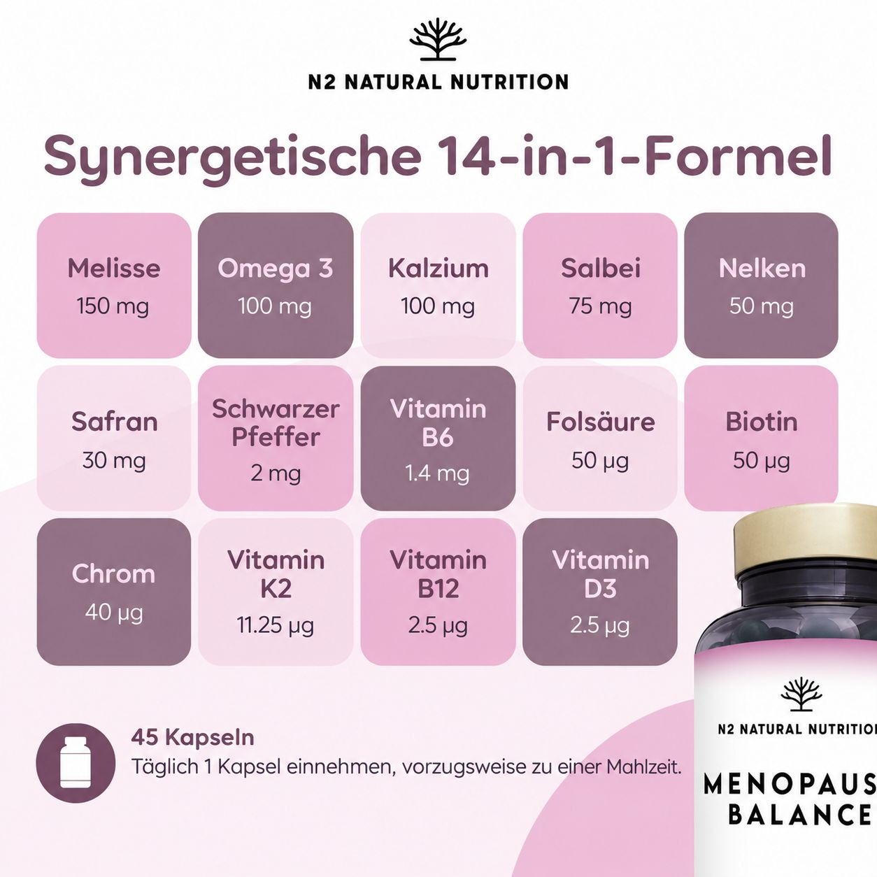 N2 Menopause Balance Kapseln: 14-in-1 Formel mit Vitaminen und Mineralstoffen.