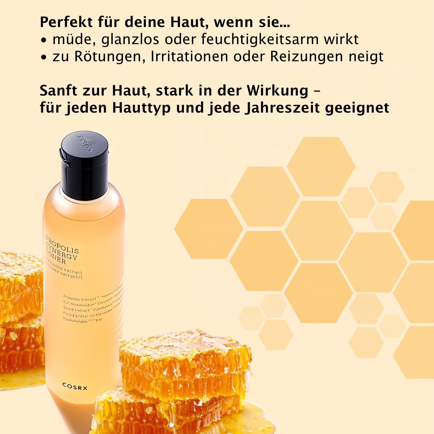 Produktflasche neben Honigwaben. Text beschreibt die Eignung für verschiedene Hauttypen und Jahreszeiten. Produktname sichtbar.