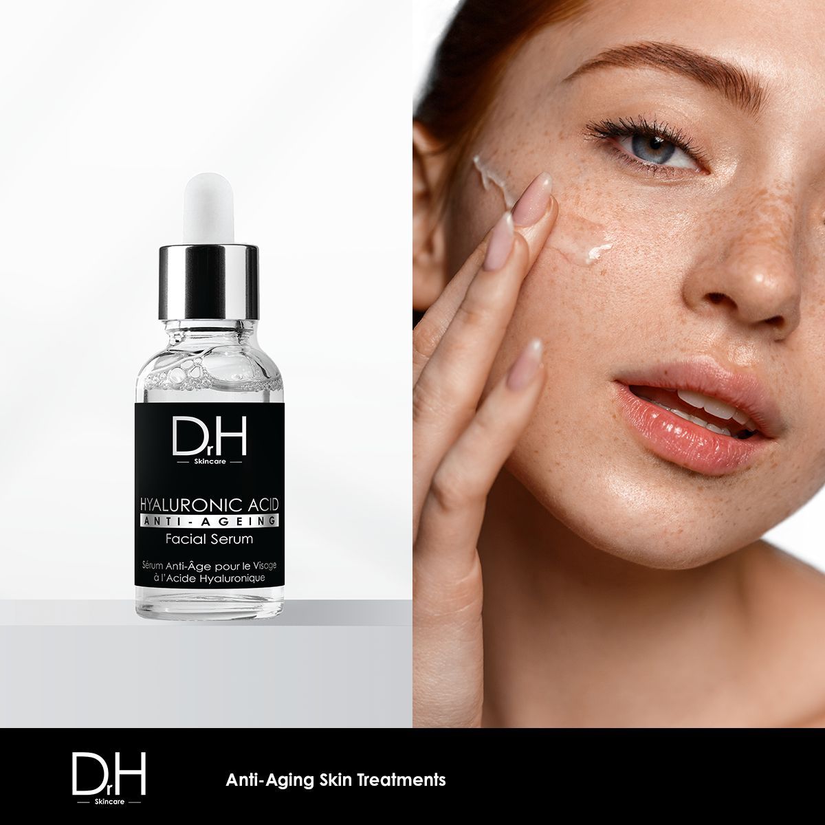 Serumflasche mit Pipette und Frau, die Serum auf ihr Gesicht aufträgt. Produktname und Marke sichtbar.