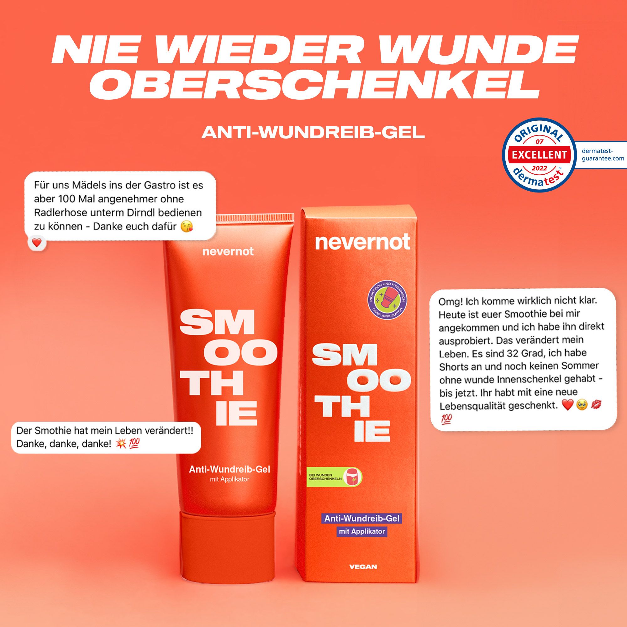 Orange Tube und Verpackung nebeneinander. 'nevernot SMOOTHIE Anti-Wundreib-Gel'.