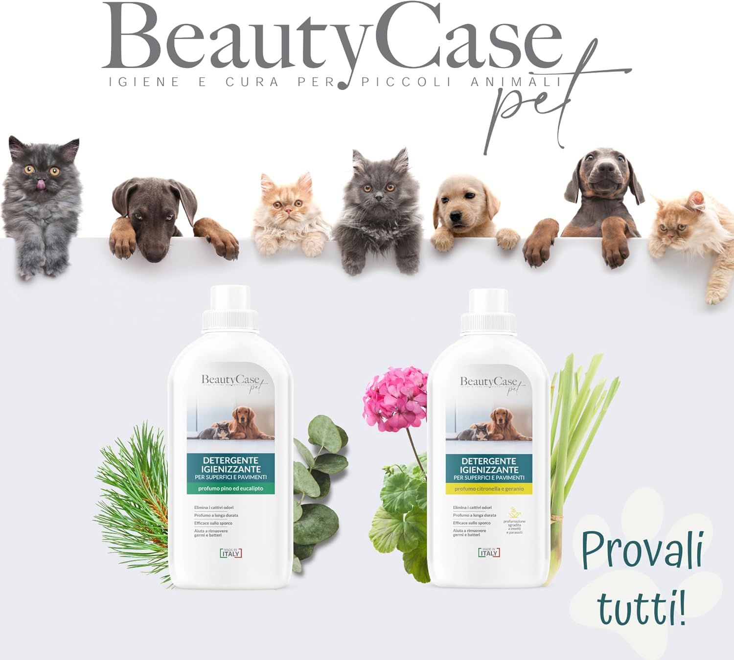 Werbebild mit Reinigungsmittelflaschen. Text: BeautyCase pet. Igiene e cura per piccoli animali. Mit Hunden und Katzen.