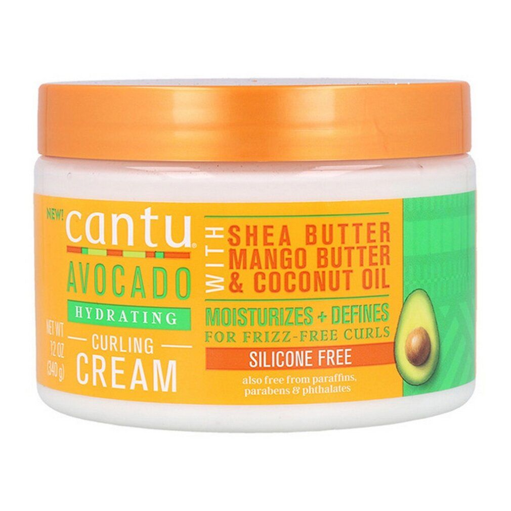 Cremebehälter mit Cantu-Logo und Avocado-Abbildung. Text: Hydrating Curling Cream, Shea Butter, Mango Butter & Coconut Oil.