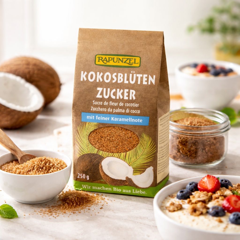 Rapunzel Kokosblütenzucker 250g Packung mit Kokosnuss und Müsli-Schalen.