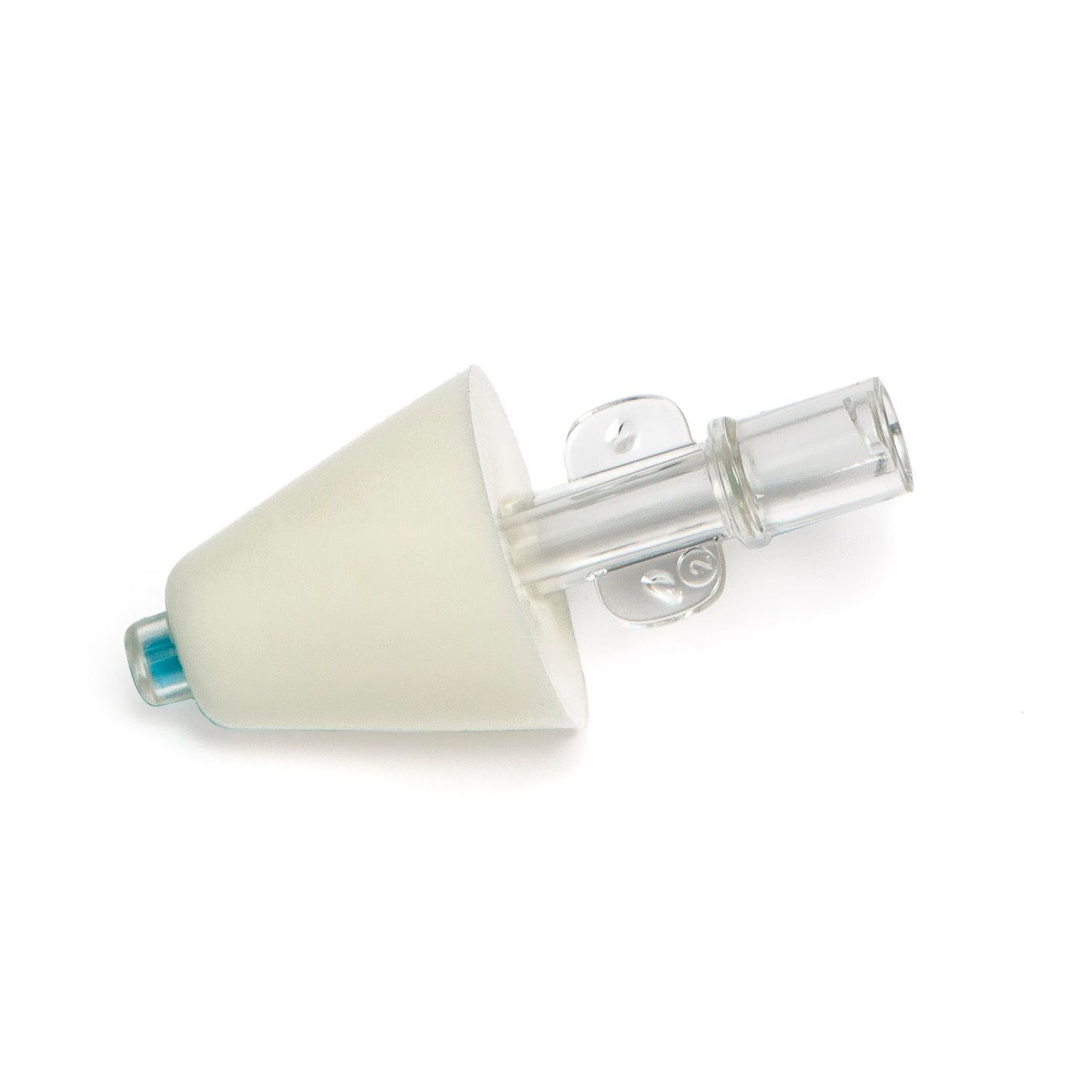 Konischer Schaumstoffaufsatz mit transparentem Anschlussstück und blauer Markierung.