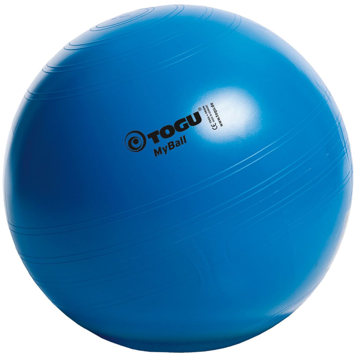 Blauer Gymnastikball mit Logo "TOGU MyBall". Oberfl",che mit feinen Rillen. CE-Kennzeichnung.