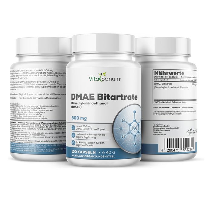 Drei Flaschen VitaSanum DMAE Bitartrat Kapseln, 300 mg, 100 Kapseln pro Flasche.